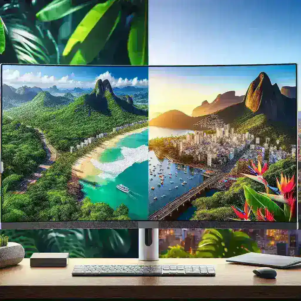 "Comparativo entre monitores curved e flat: imagem mostrando as diferenças de design e ergonomia entre monitores curvas e planos para usuários brasileiros."