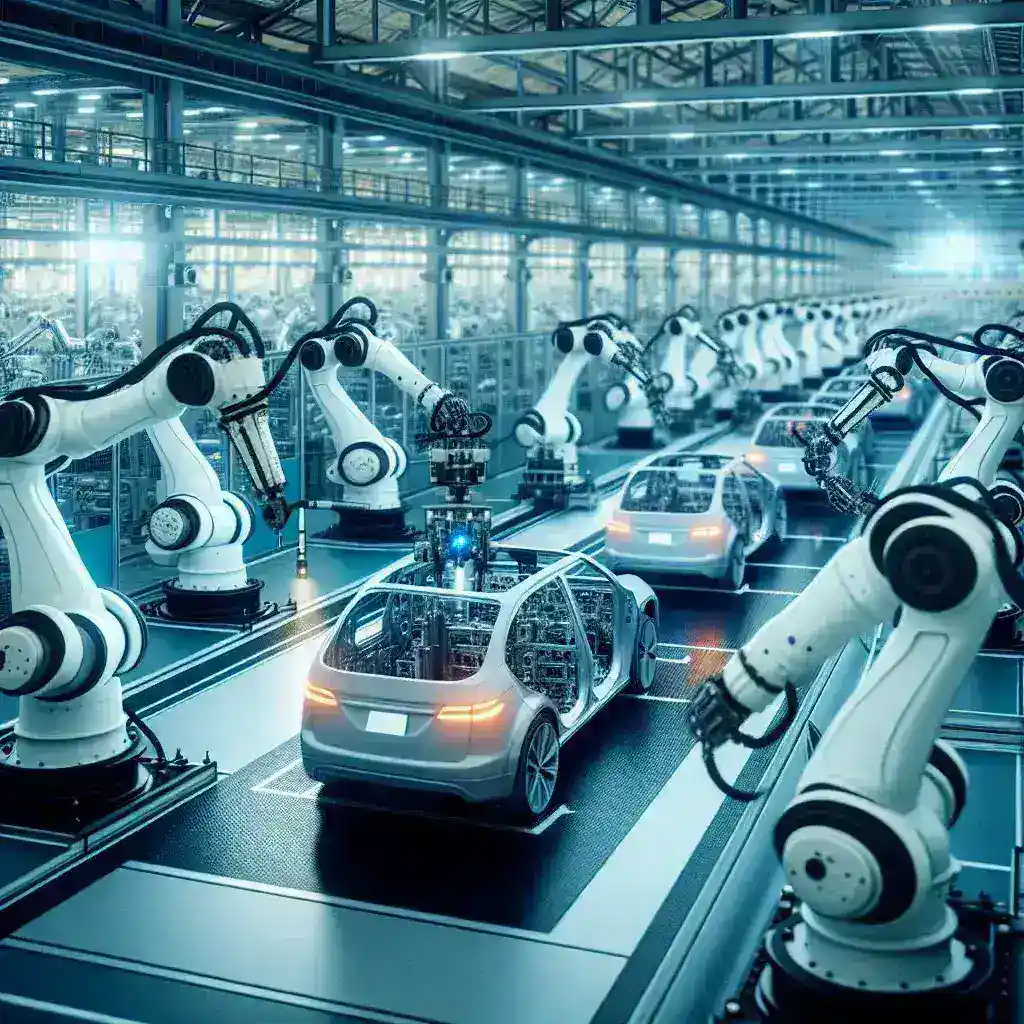 "Robô industrial realizando montagem de peças automotivas em uma linha de produção no Brasil, ilustrando o avanço da robótica na indústria automotiva brasileira."