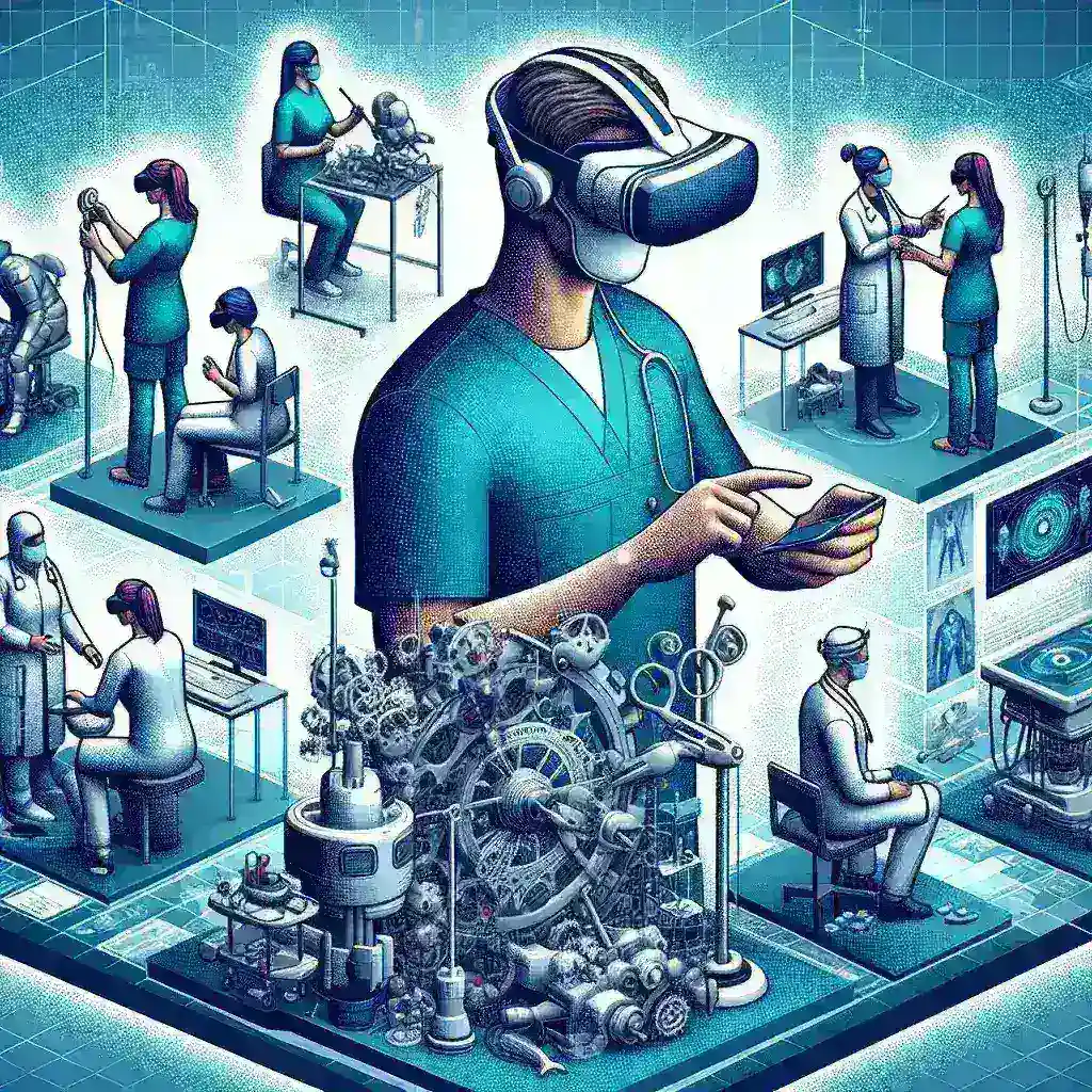 "Imagem de profissionais utilizando tecnologia de realidade virtual 2.0 durante uma sessão de treinamento prático, destacando as aplicações inovadoras da realidade virtual em ambientes de aprendizagem profissional."