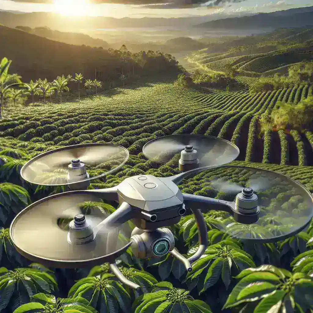 "Drone autônomo brasileiro sobrevoando plantações de café, testando tecnologias de monitoramento agrícola em produção sustentável."