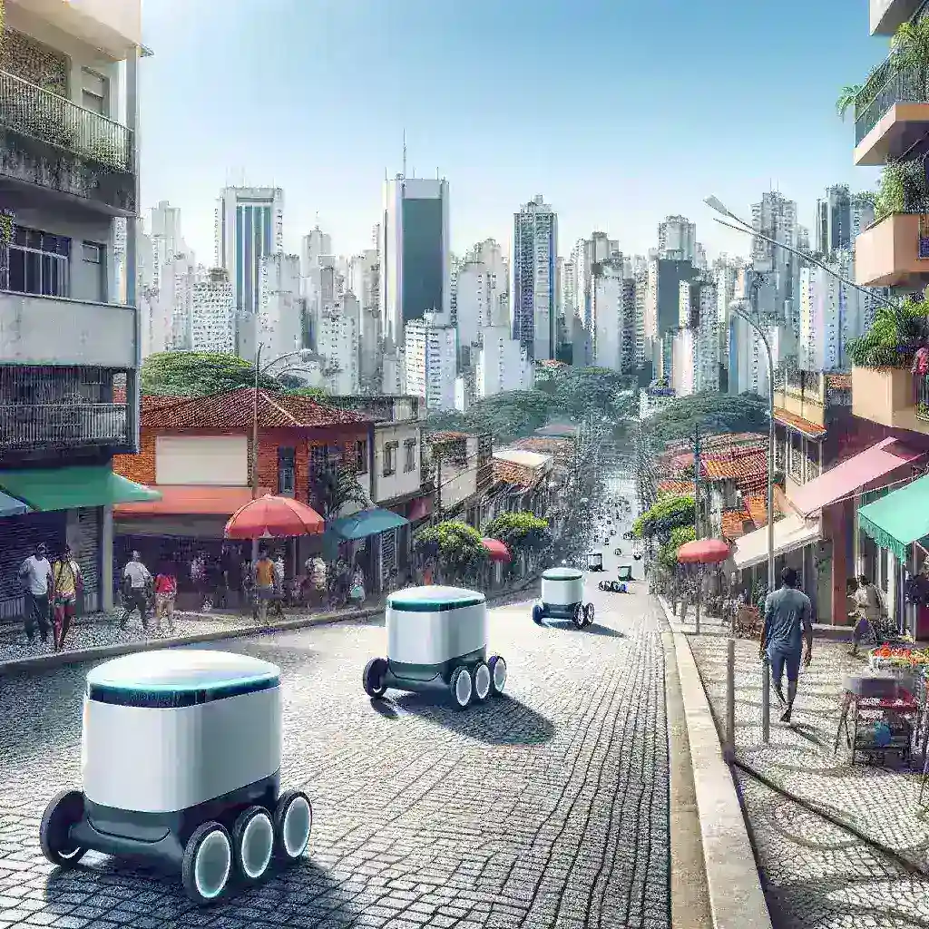 "Robô de entrega autônomo operando em um bairro de São Paulo, realizando entregas de produtos com eficiência e tecnologia avançada."