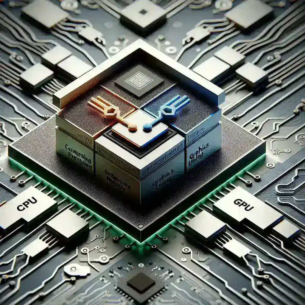"Imagem de chips híbridos da AMD que combinam CPU e GPU em uma única arquitetura, destacando inovações tecnológicas e design avançado."