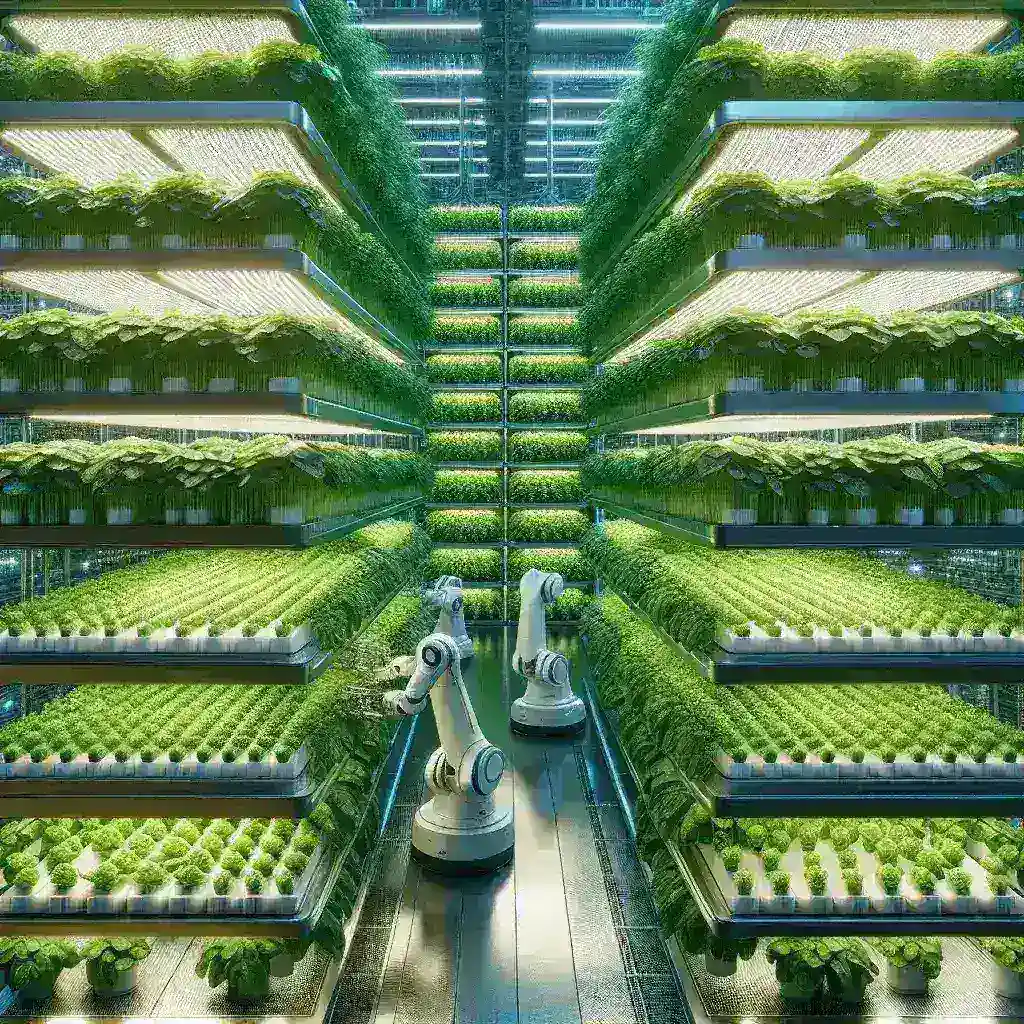 "Robô autônomo colhendo hortaliças em uma fazenda vertical moderna, destacando a inovação na agricultura urbana e a eficiência no cultivo."