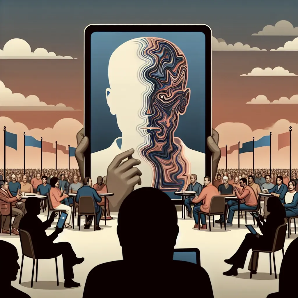 Alt text: "An illustration depicting the dangers of deepfakes in election campaigns, showcasing a split image of a politician's manipulated video alongside a warning sign, emphasizing the impact of misinformation in democratic processes."