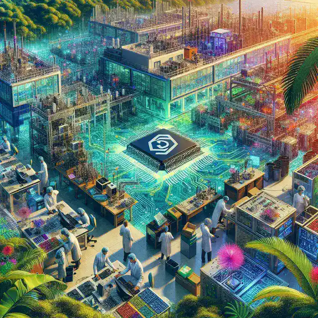 "Imagem de um hub de inovação em semicondutores no Brasil, destacando alta tecnologia, equipamentos avançados e profissionais colaborando para o desenvolvimento de soluções em semicondutores."